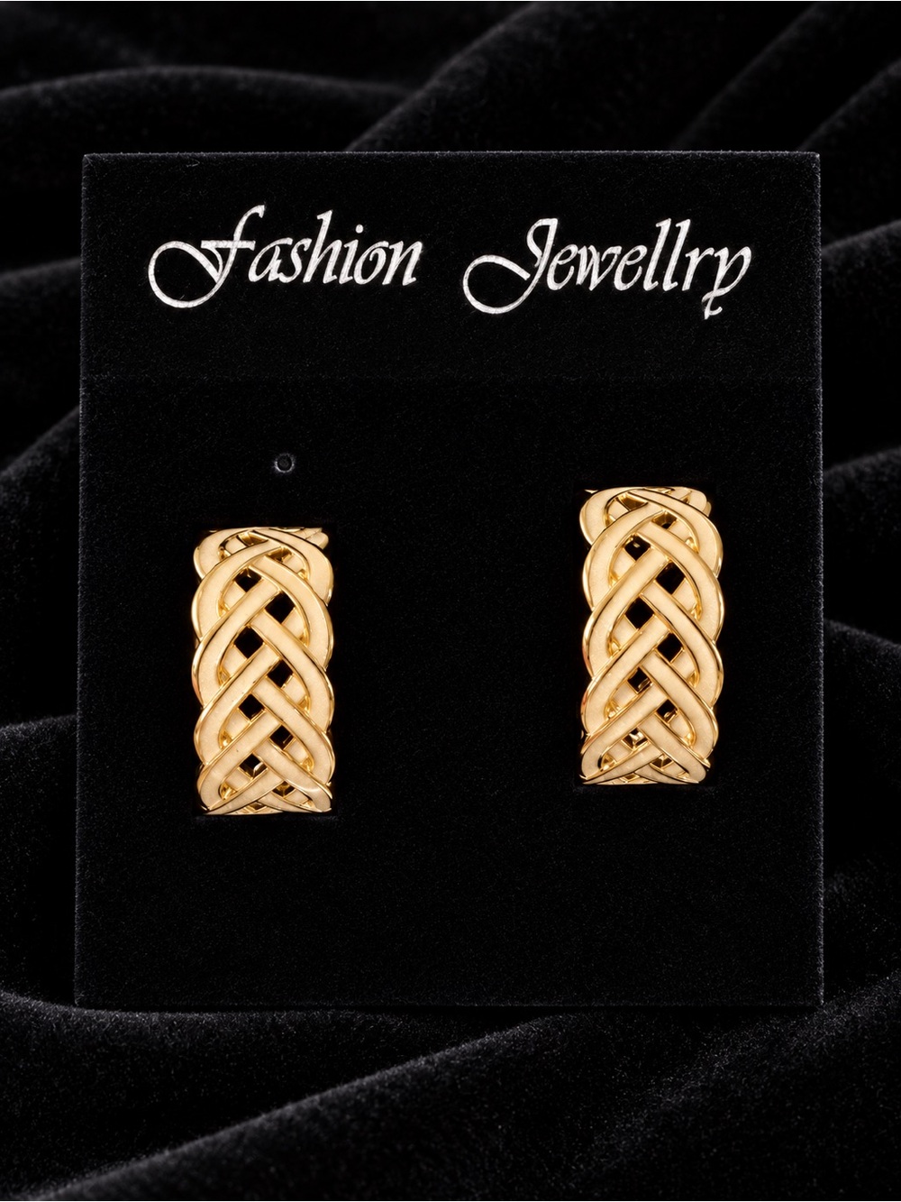Fashion Jewelry Gold and Cream Half Hoop Woven Post Style Earrings